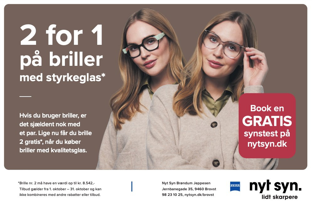 Nyt Syn Brøndum Jeppesen tilbyder 2 for 1 på briller i oktober