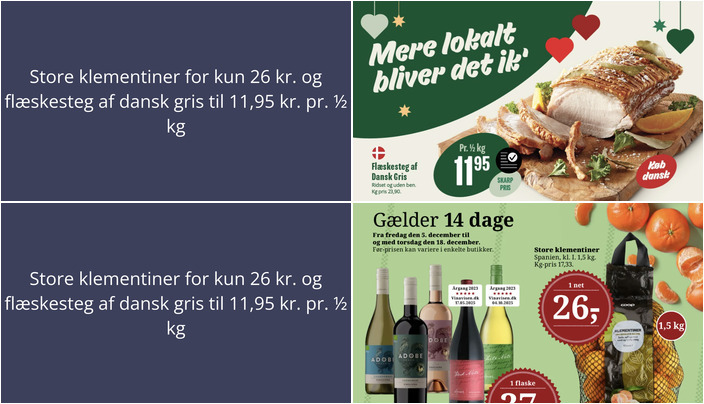 Store klementiner for kun 26 kr. og flæskesteg af dansk gris til 11,95 kr. pr. ½ kg