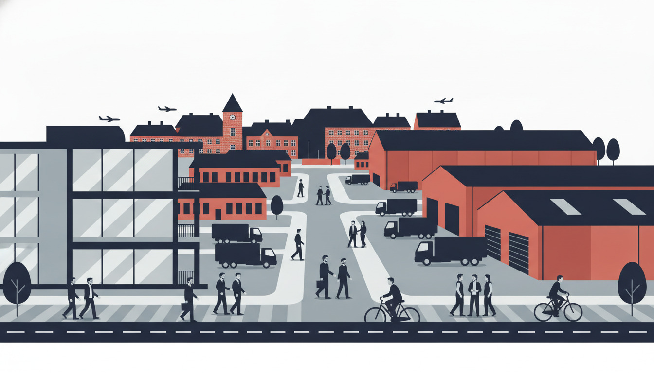 En travl arbejdsplads i Billund med medarbeidere, der ankommer til moderne kontorbygninger og industrielle faciliteter. Moderne glasfacade til venstre, røde mursten bygninger i baggrunden, logistik og transport infrastruktur, samt flyvemaskiner synligt i horisonten.