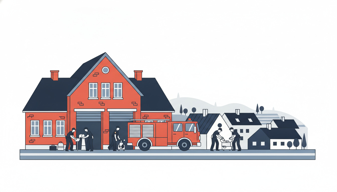 Fladfarvevektorillustration af Bordings redningsberedskab: et rødt murstensbyggeri brandstation med mørkt tag, rødt brandslukningsøjøj parkeret udenfor, uniformeret politi og redningspersonale med udstyr, dansk bylandskab i baggrunden.