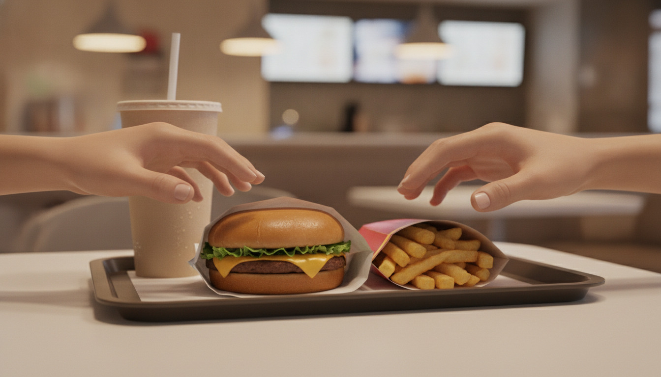 Hænder når hen over en tallerken med en burger, kartofler og drikke på et bord.