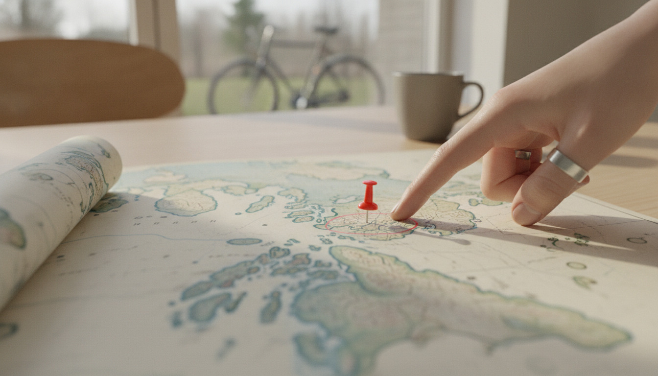 Hånd peger på en rødt kort med finger på et kort, nærbillede af geografisk opdagelse.