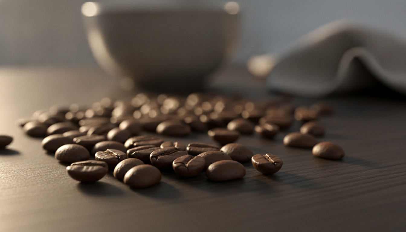 Nærbillede af mørkristet arabica-kaffebønner spredt på mørk overflade med varmt lys.