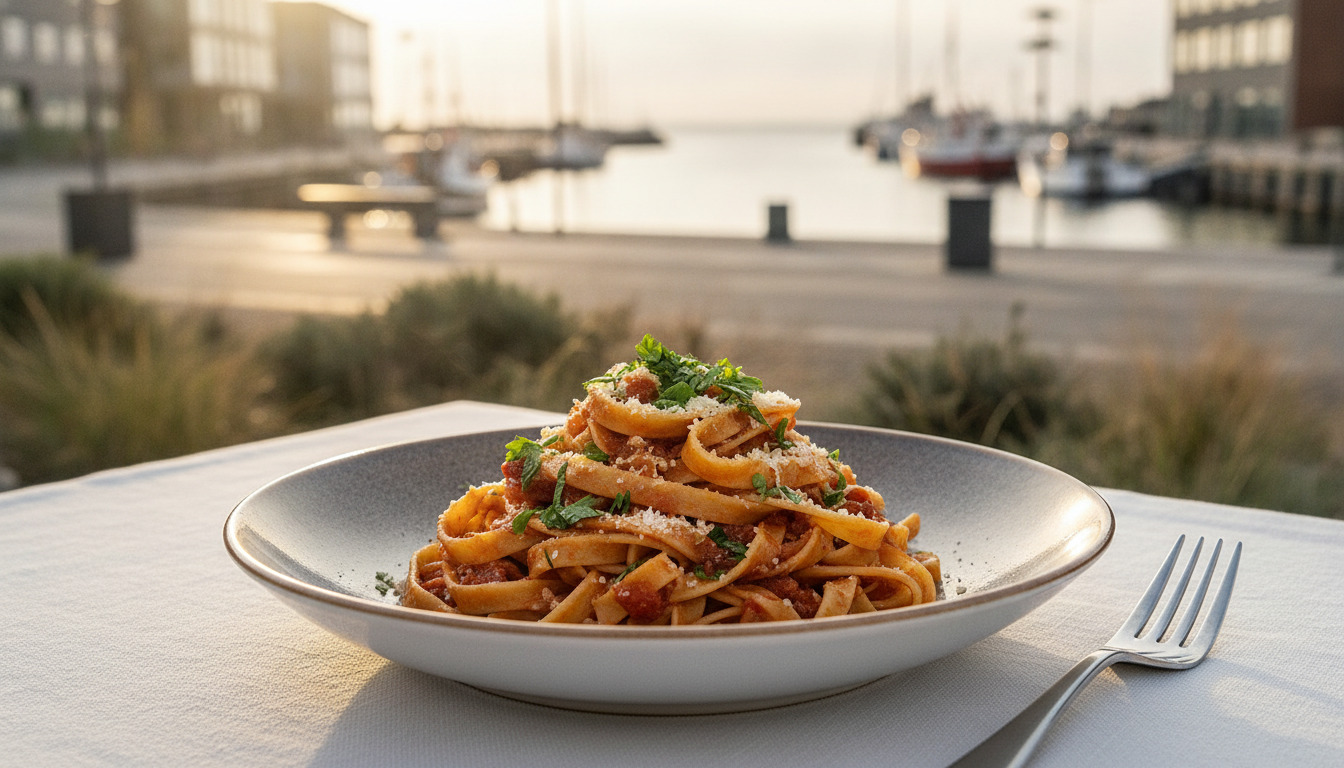 Elegantly anrettet italiensk pastaret med friske urter og rig sauce på hvid tallerkentallerkenskål med gaffel, i varmt guld lys.