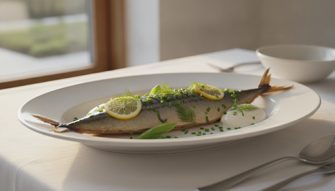 Tæt opskrift af grillet fisk med citronslicer og flødeurt på hvid tallerken ved vindue.