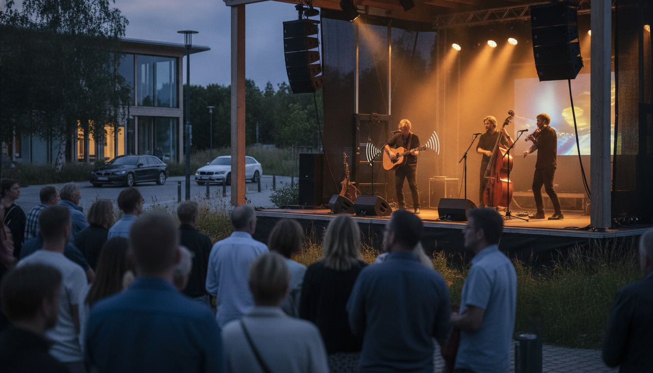 Musikere optræder på belyst scene foran publikum under nordisk sommerkval.