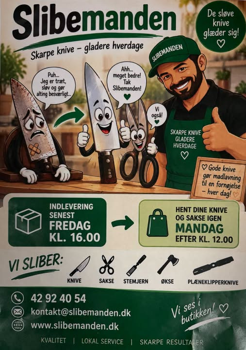 Min Købmand Nr. Felding informerer om slibning af knive og sakse hos Slibemanden