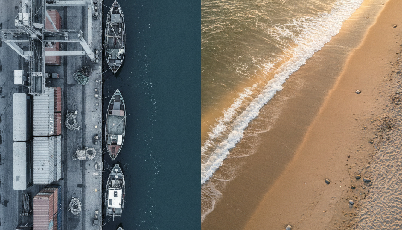Luftfoto: fiskeriby-havn med både og containere og flot sandstrand med bølger.