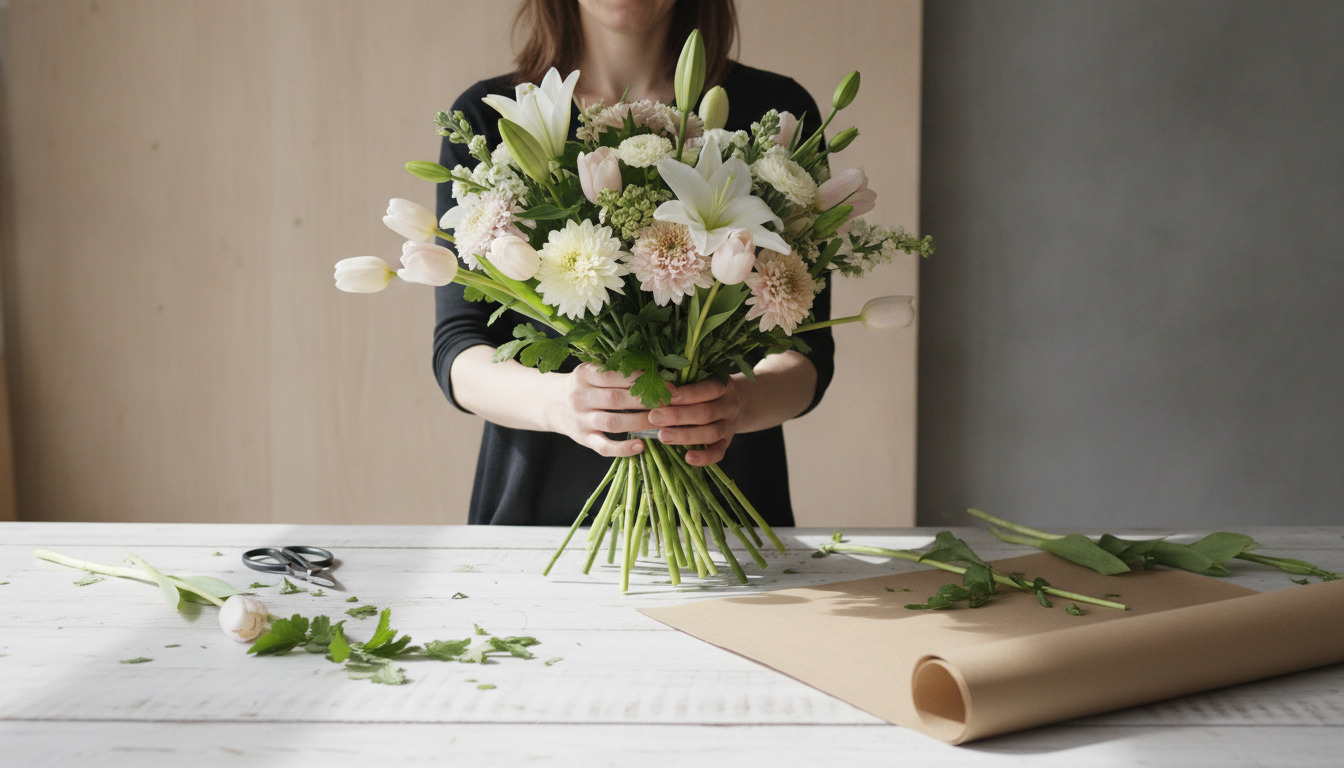 Blomsters hænder holder en farverig buket med tulipaner, lilje og chrysantemum over arbejdsbord med sakse og brunt papir.