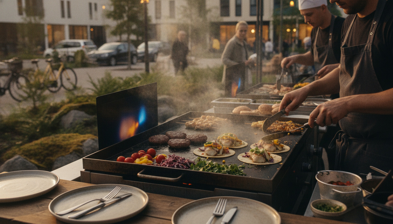 Madlavning på plade med grill med røg, friske ingredienser og hænder i arbejde på udendørs spisested.