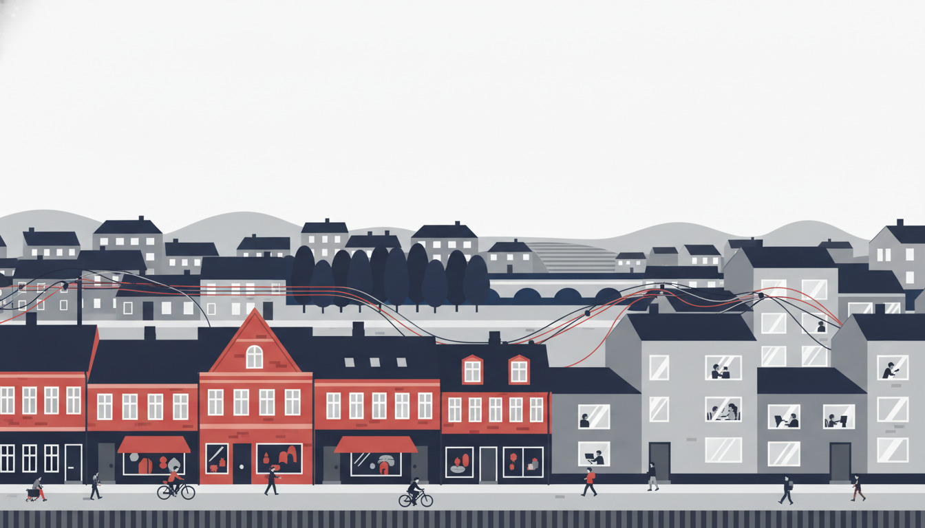 Flad vektorillustration af dansk bymiø med røde og grå rækkehuse, luftledninger over fiber-kabel der forbinder bygninger, silhuetter af beboere og cyklister, træer og historisk arkitektur i baggrunden—symboliserer bredbånds-forbindelse.