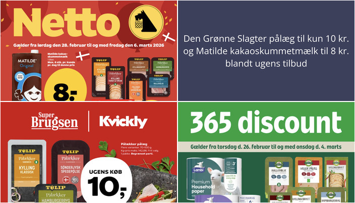Den Grønne Slagter pålæg til kun 10 kr. og Matilde kakaoskummetmælk til 8 kr. blandt ugens tilbud