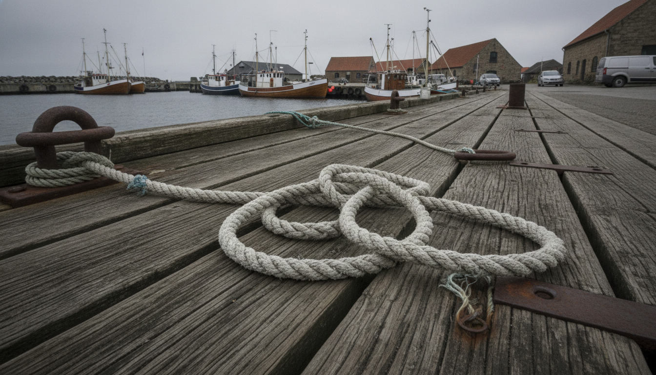 Lukket optagelse af sammenbundne fiskergarn på slidte trætømmer med rustne moringerings på en nordisk havnekaj.