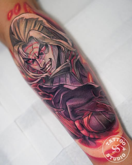 Tattoo Studio 96 Aarhus viser farverig Kayn-tatovering fra League of Legends