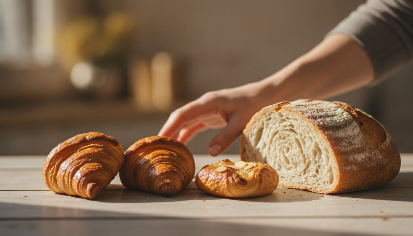 Nybagt brød og croissanter på træbord med bagerhænder i baggrund. Varmt lys og nærbillede.