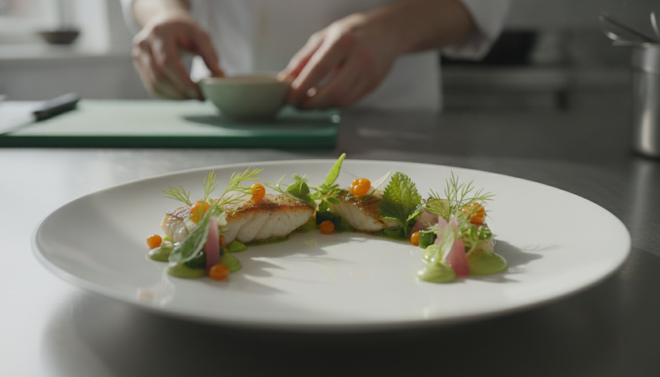 Kunstnerisk anrettet ret med fisk, grøntsager og krydderurter på hvid tallerken i minimalistisk køkkenmiljø.