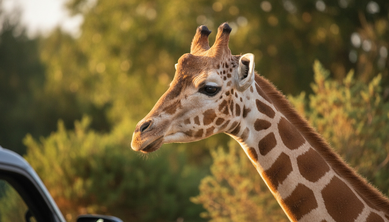 Nærbillede af en giraffe med prikket pels i guldenlyst mod uskarpt grønt skovbaggrund.