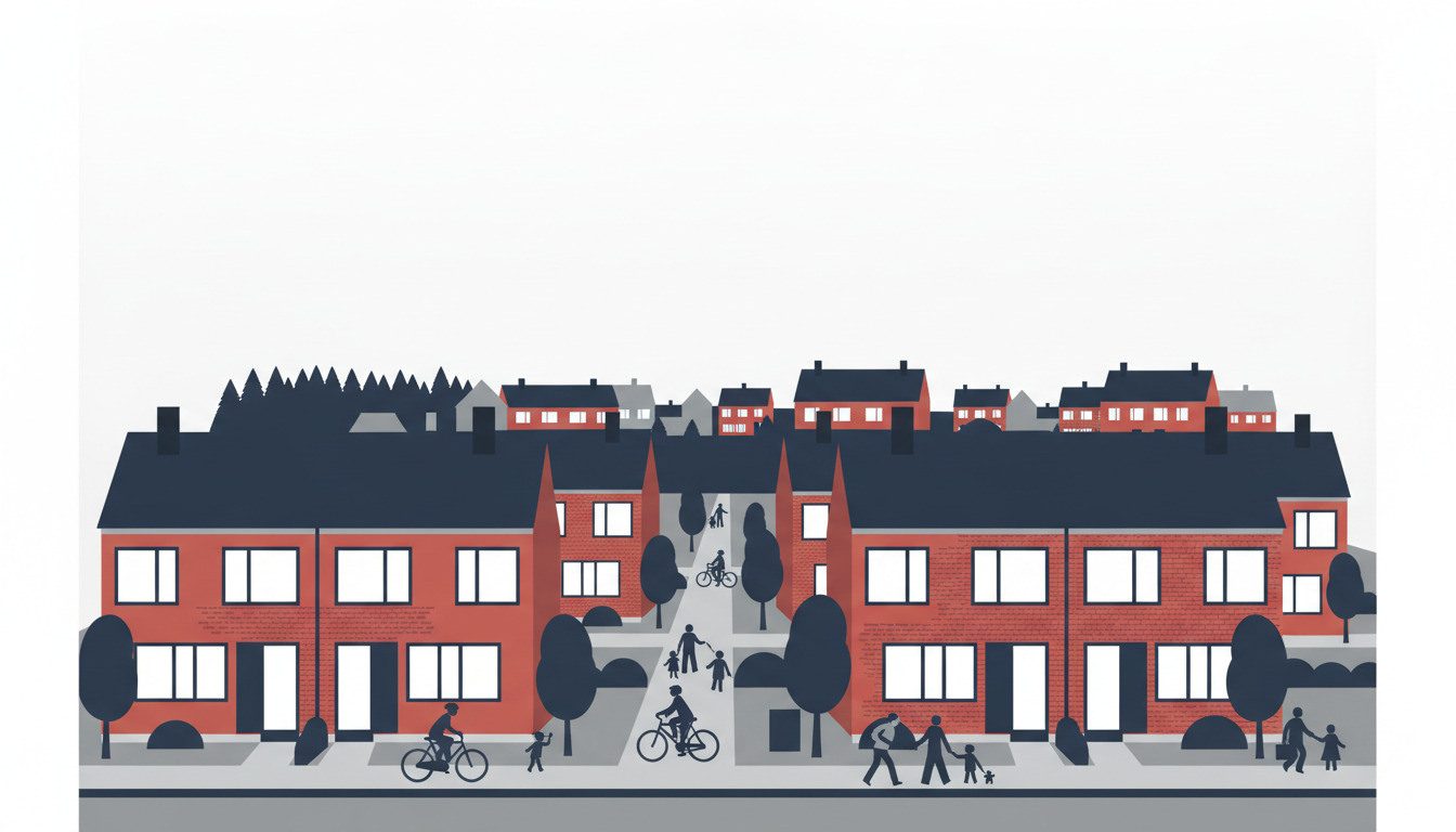 Flad vektor-illustration af Albertslund boligkvarter: røde murstens rækkehuse og villaer med mørke tage, hvide vinduer, langs gader med familier på cykelture og gåture. Skove og grønne områder synlige i baggrunden.
