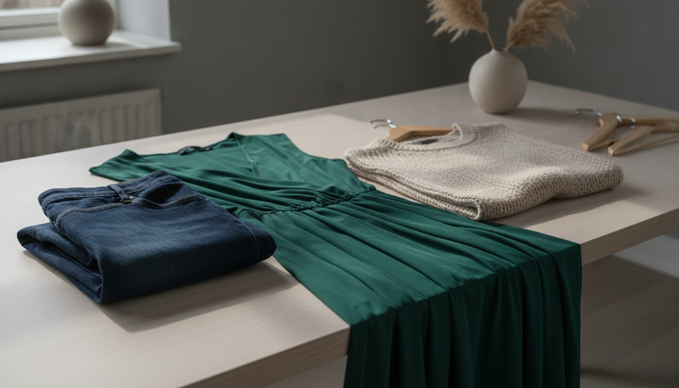 Folded damebeklædning på hvidt bord: blå jeans, grøn kjole og beige trøje med minimalistisk styling.