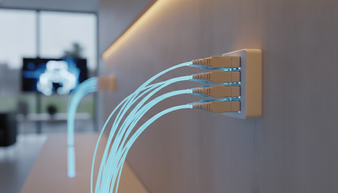 Lyseblå fiberkabel-strenge med glødende forbindelser, samlet i en vægmonteret kasse.