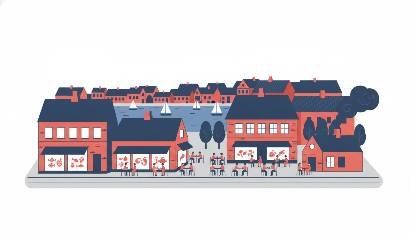 Ærøskøbings charmerende kunstnerkvarter ved vandet: røde mursten-restaurantfacader med store vinduer, udendørsdisposer, sejlbåde i havnen, traditionelle tag og røg fra en røgeri i blød illustrationsstil.