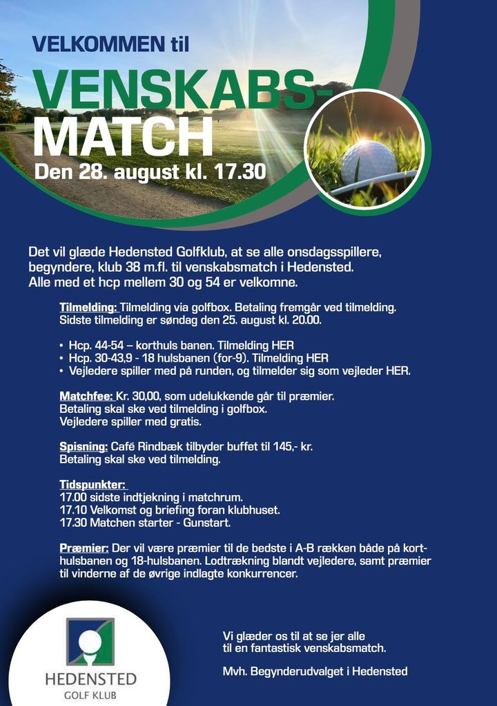 Horsens golfklub: Venskabsmatch for hcp. 30-54 i Hedensted Golfklub d. 28/08