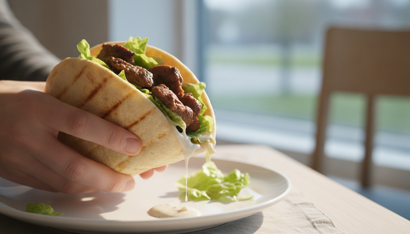 Tæt billede af hænder der holder en varm pita-wrap med grillet kød, frisk salat og sauce.