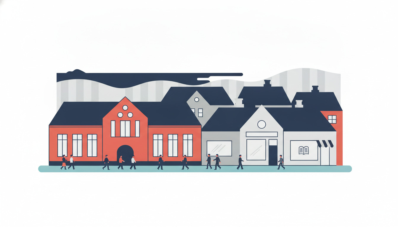 Flat-vector illustration af en dansk kommunal borgerservice med rød-murstenskulør, store vinduer og gavltag, med silhuetter af borgere, der går mod indgangen, som repræsenterer Frederikshavn Kommunes lokale myndigheder.
