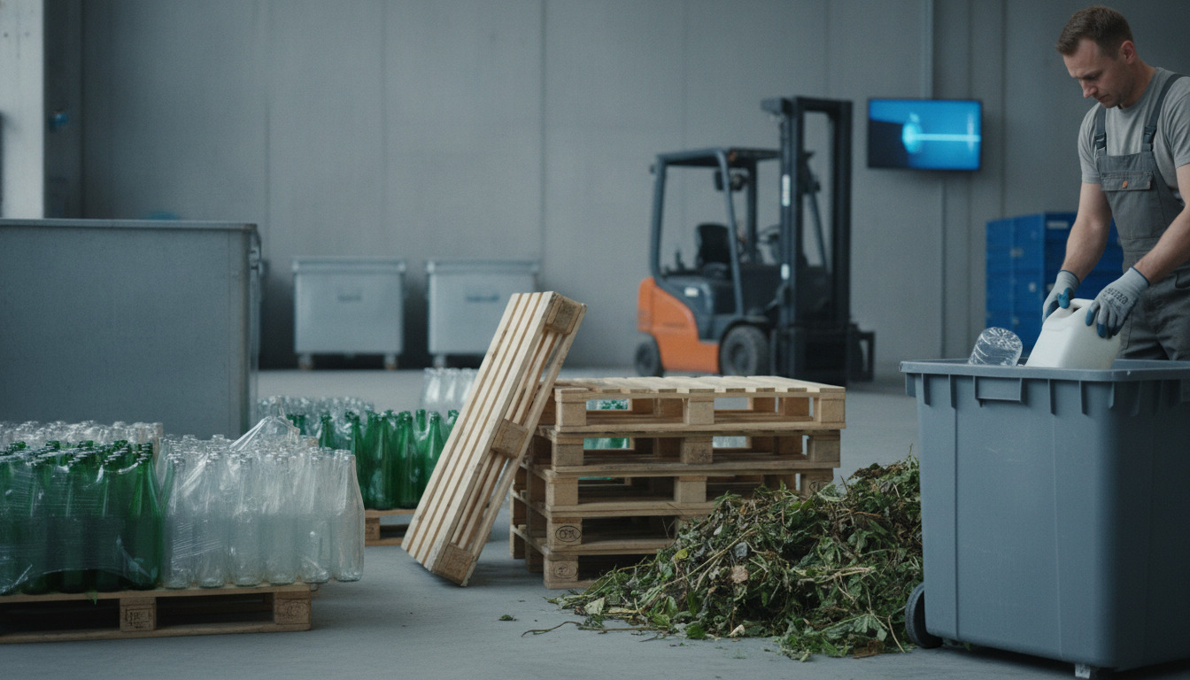 Tæt på sorterede genbrugsmaterialer — glasflasker, paller og grønt haveaffald på betongrund med arbejderens hænder.