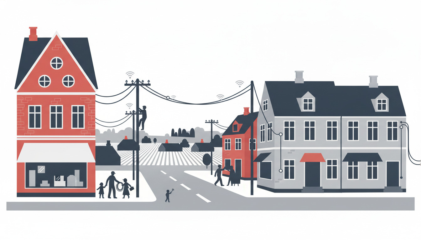 Stiliseret dansk bymidte med røde og grå huse, utility-master med bredbåndskabler og WiFi-symboler, der viser digital infrastruktur integreret i hverdagslivet.