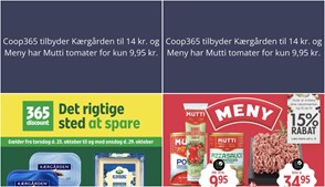 Coop365 tilbyder Kærgården til 14 kr. og Meny har Mutti tomater for kun 9,95 kr.