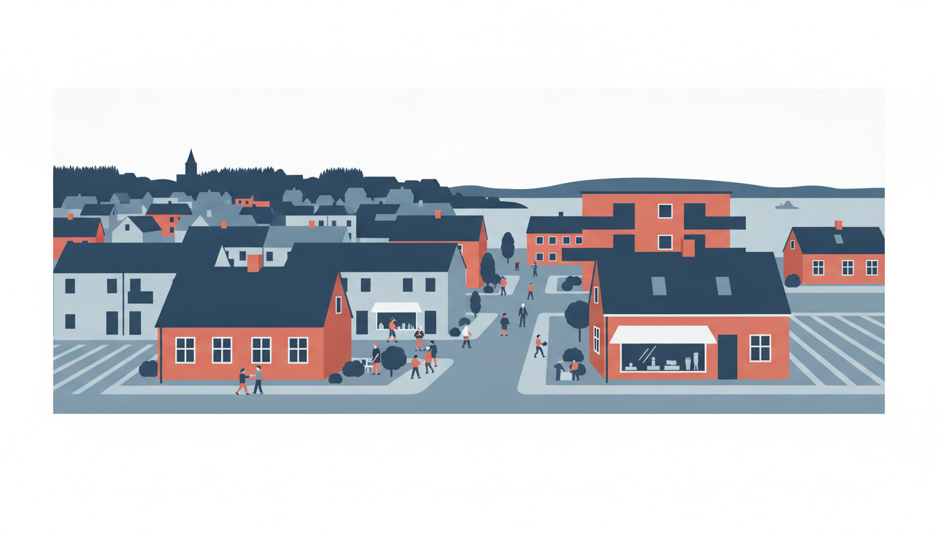 Flad vektorillustration af en dansk boligstræde med traditionelle huse med pyramidtag i rødt og grå, moderne lejlighedskomplekser, gående personer og vand/landskab synligt i baggrunden.