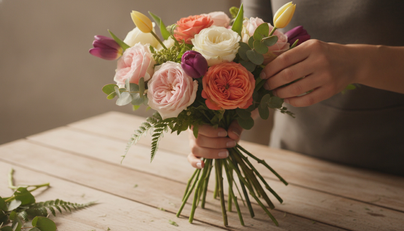 Florists hænder holder en farverig buket med roser, tulipaner og grønt på træbord i naturligt lys.