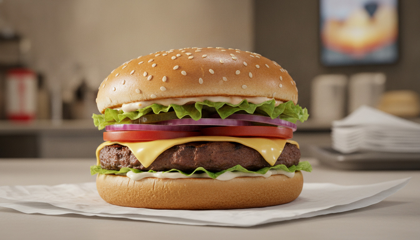 Tætbillede af en burger med sesamsundt brød, ost, kødpølse, tomat og grønt på hvidt papirhylster.