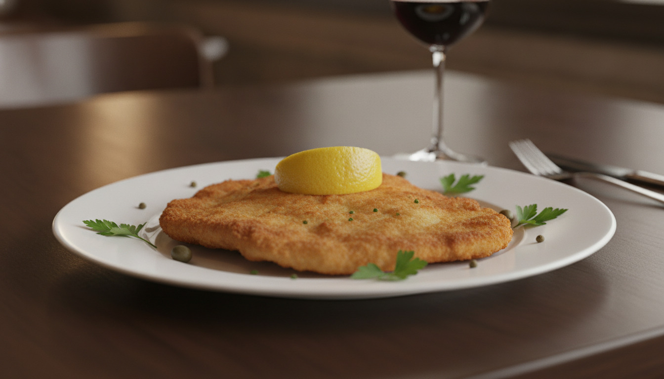 Gyldent stegt schnitzel med citronsnegl og persille på hvid tallerken.