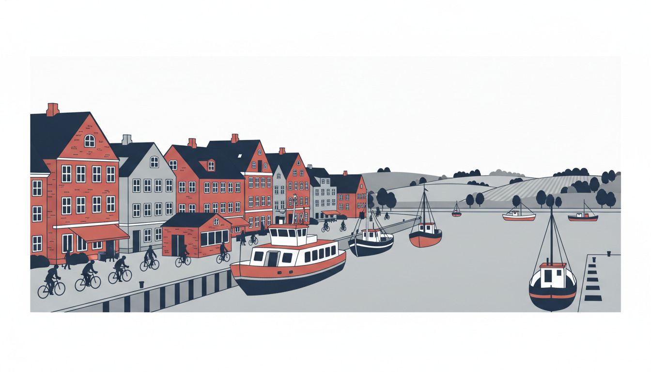 Ærøskøbing havn med farverige bygninger langs kajkanten, anløbt passagerfærge, sejlbåde, cyklister på moloen og bakket ølandskab i baggrunden.