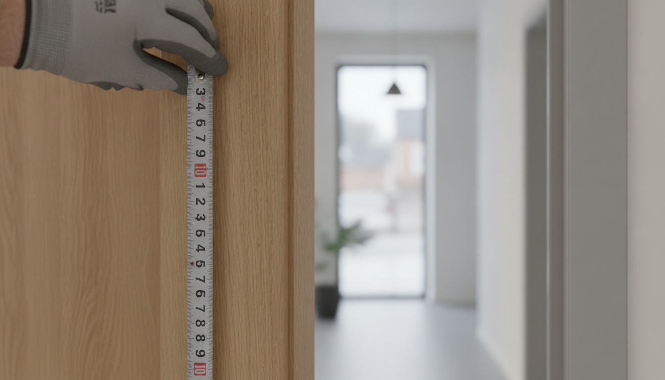 Tæt billede af hånd, der holder målebånd langs træ dørramme for at vise håndværksmæssig præcision.