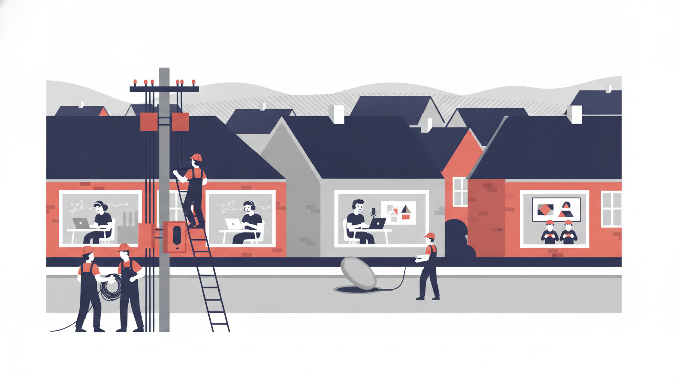 Flad vektorillustration af en dansk boligvej i Ryomgård med røde mursten- og grå huse, elmaster med fiberinfrastruktur, og arbejdere der installerer bredbåndskab, mens beboere bruger højhastighedsinternet indendørs.