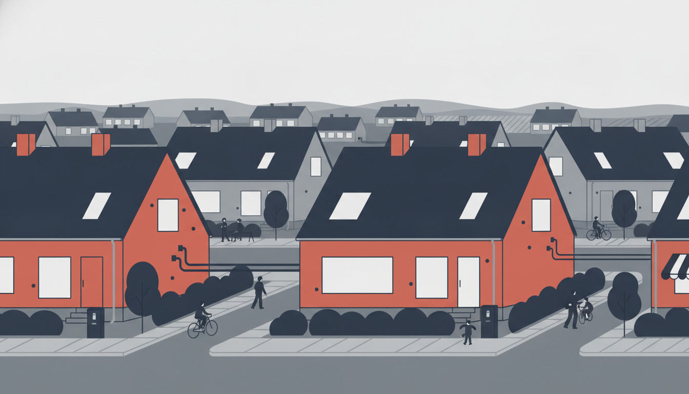En dansk boligkvarter i Galten med røde og grå huse, gader med mennesker og cykler, samt fiber-infrastruktur integreret i det daglige bybillede.