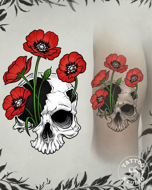 Tattoo Studio 96 Aarhus præsenterer want to do-design med kranium og røde valmuer