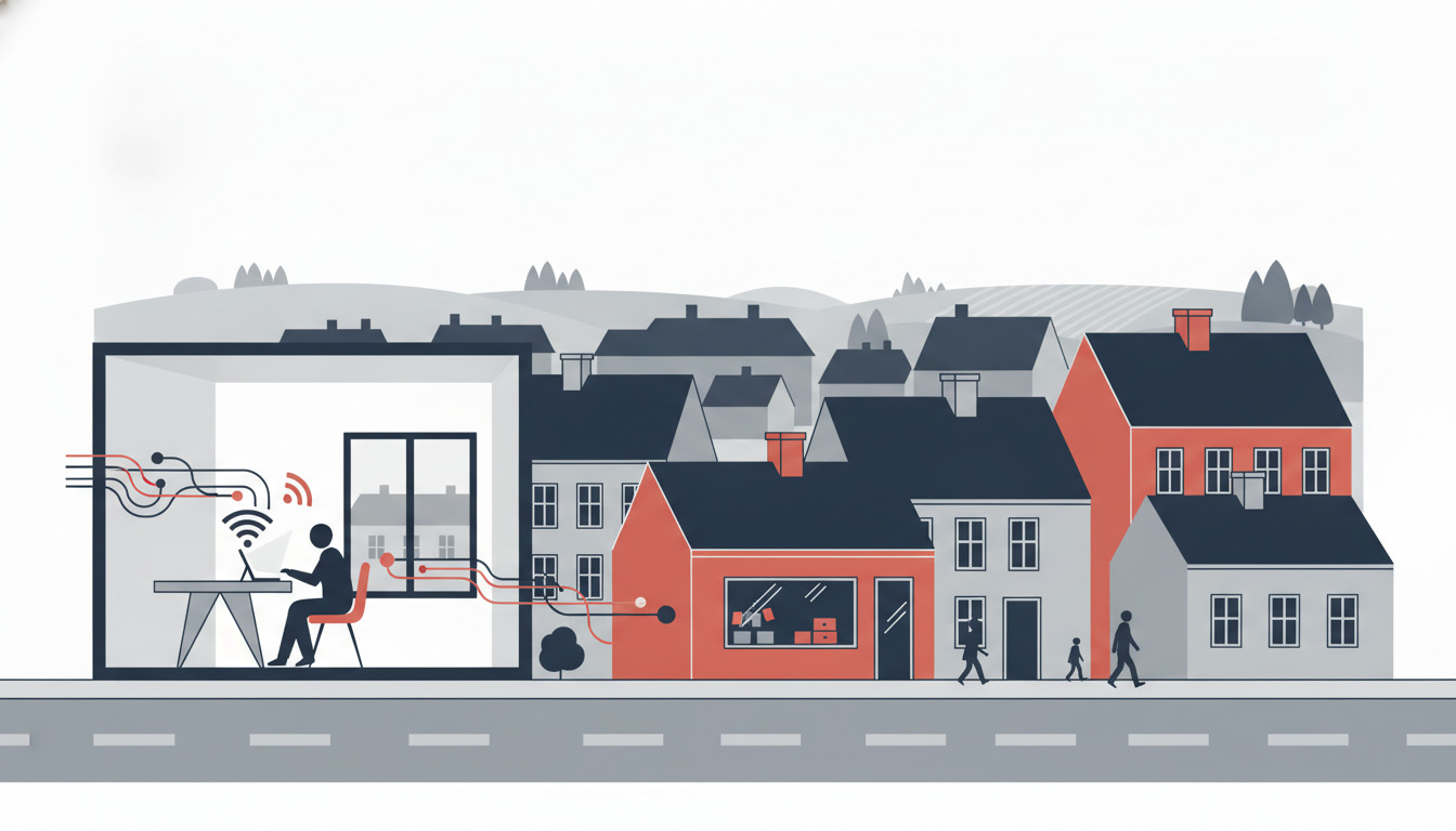 Fladvektor-illustration af et moderne hjem med en person ved et skrivebord, som bruger digital forbindelse, wifi-symboler og fiberkabel, der flyder omkring dem. Gennem vinduerne ses Ringsteds tage og bygninger i baggrunden, som repræsenterer byens fibernetværksinfrastruktur.