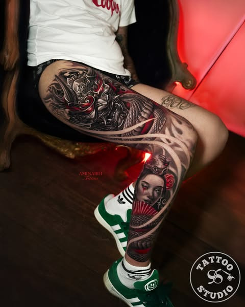 Tattoo Studio 96 præsenterer Amin's imponerende japansk-inspirerede full-leg tattoo