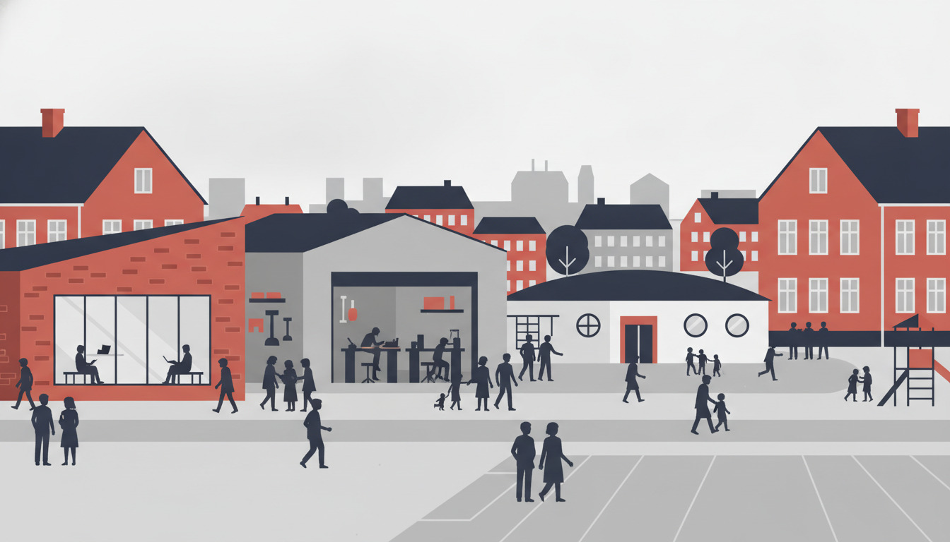Levende fladvektor-illustration af Hobro uddannelsescampus med karakteristiske danske røde mursten-bygninger, et moderne gymnasium med store vinduer, erhvervsuddannelsesværksted, børnelæringsområder og mangfoldige studerendes silhuetter, der bevæger sig gennem det livlige offentlige torg.