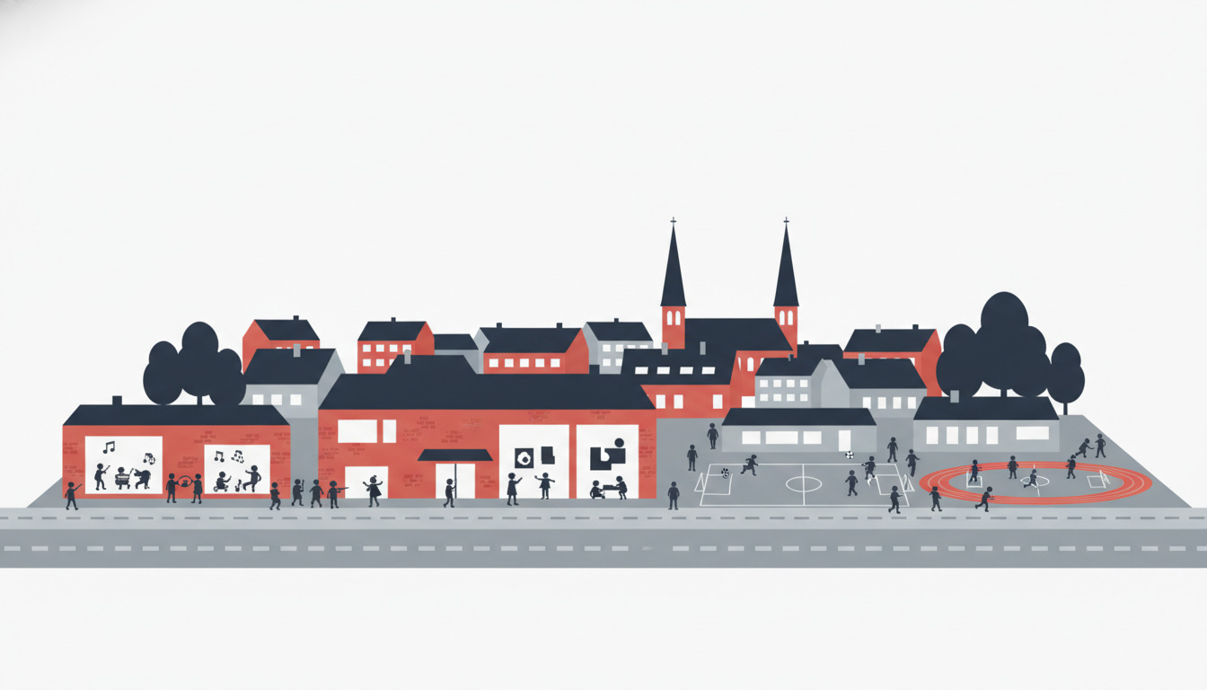 Fladt illustreret Børkop-bygningsmiljø med røde kulturhus, kirke med tårne, mennesker i aktiviteter (musik, kunst, sport), parkarealer og træer i baggrund.