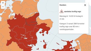 DMI varsler: Særdeles kraftig regn i Randers Kommune