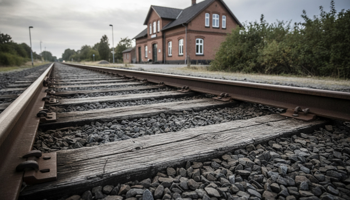 Nærbillede af slidt jernbanespor med træ-sveller og stenklit i blidt nordisk lys.