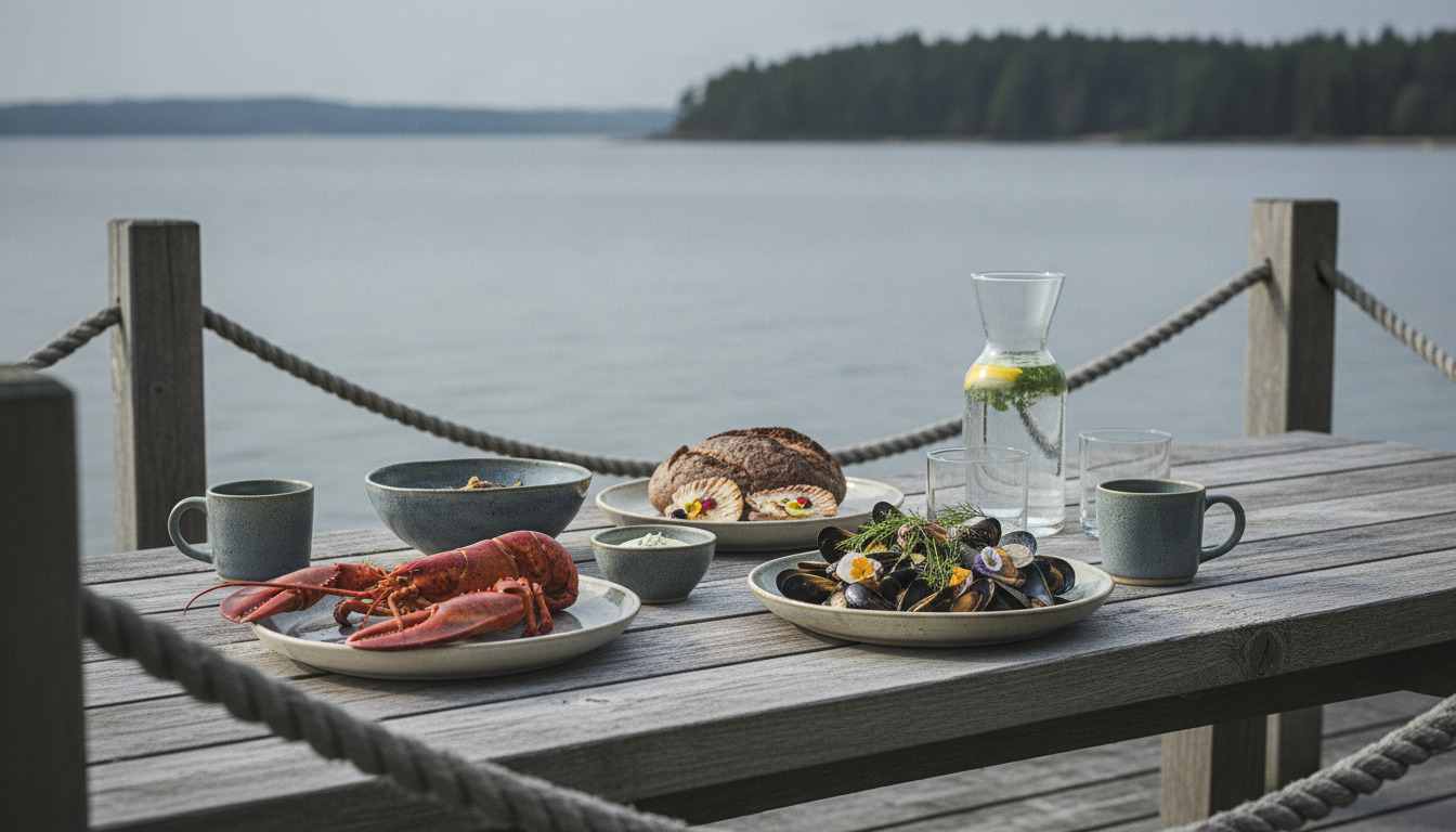 Nordisk bordindretning med ferskfisk, muslinger og keramik på træbord ved vandet.