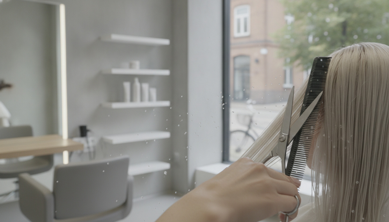 Frisørs hænder med saks og kam arbejder med blondt hår med vandtråber i naturligt lys.