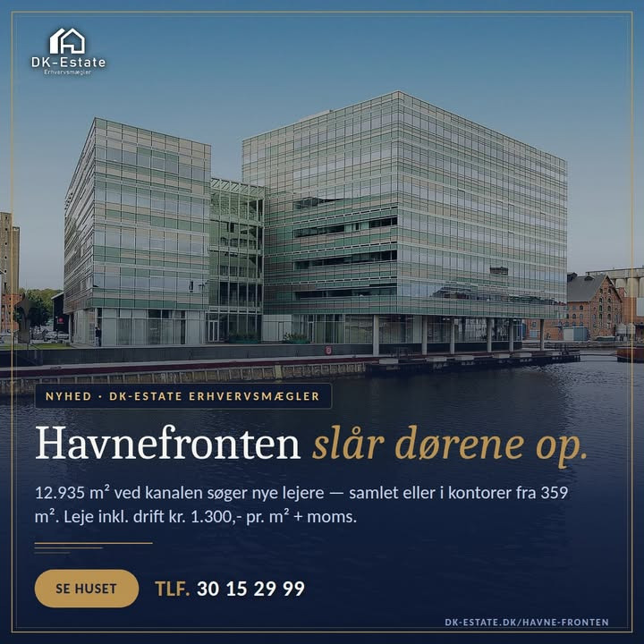DK-Estate Erhvervsmægler tilbyder kontorer ved havnen fra 359 m²