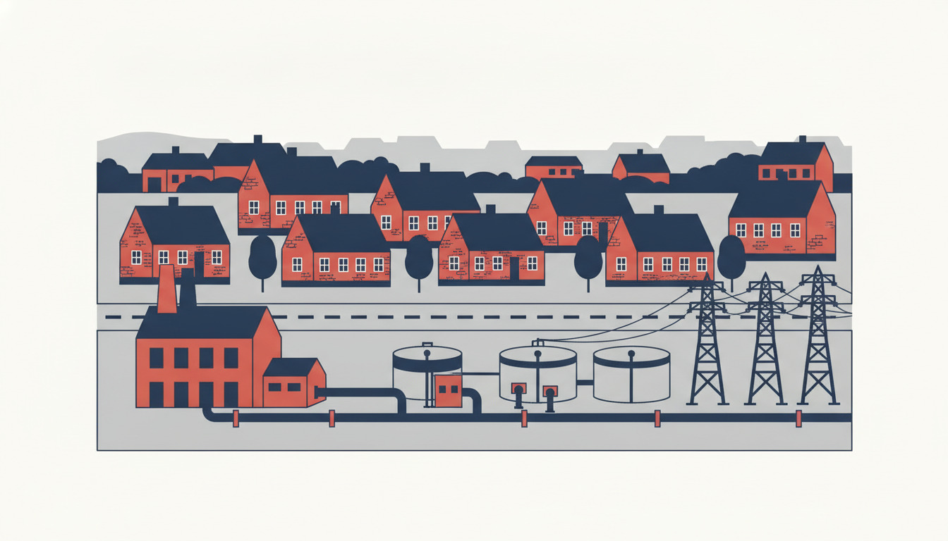 Flad vektorillustration af Galtens forsyningsinfrastruktur: beboelses-røde mursten-huse med mørke tage i baggrunden, fjernvarmeanlæg med rør, vandbeholdere og elektriske transmissionstårne i industrielle forgrund.